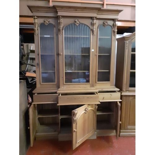 550 - Solid Pine Glazed Top Staggered Dresser with Secret Drawers & Three Cupboards - approx 7ft 6 high & ... 