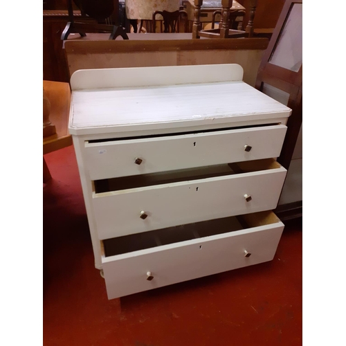 568 - Painted White Three Drawer Pine Chest of Drawers with Splash Back Top.