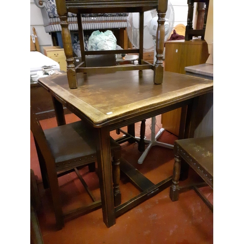 593 - Vintage Oak Draw Leaf Extending Dining Table with Oak & Brown Leather Chairs with One Matching Carve... 