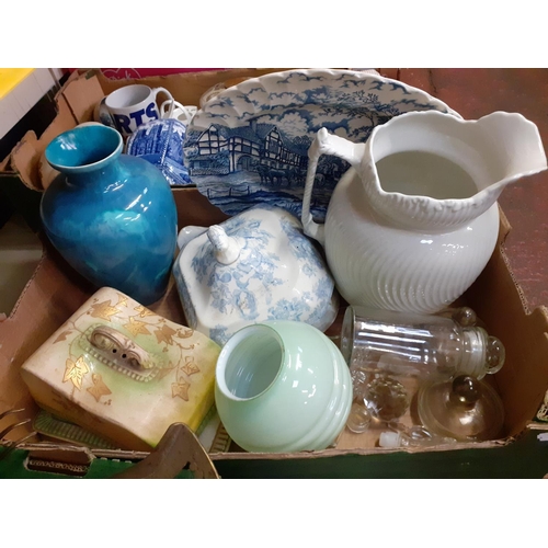 6 - Box to Include Large Dresser Jug, Cheese Dish & Lid, Glass Decanter Stoppers, Glass Jar, Vases etc.