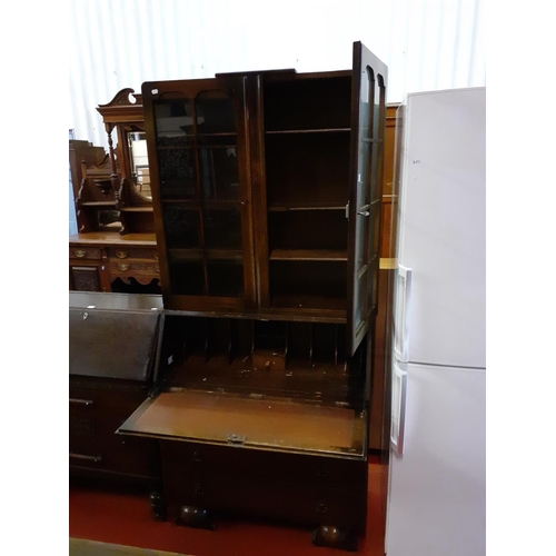 601 - Glazed Top Oak Bureau Bookcase with Drop Front Over Three Drawers - approx 77