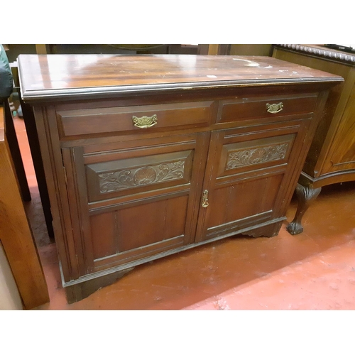 614 - Vintage Oak Carved Front Two Drawer Over Two Door Cabinet.