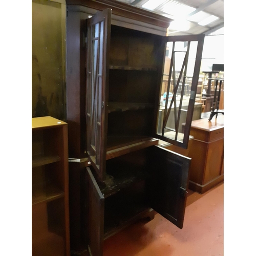 625 - Vintage Oak Glazed Top Corner Cabinet Display Over Double Cupboard - approx 73