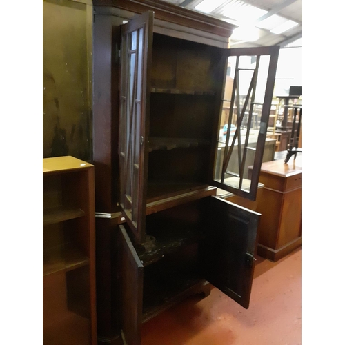 625 - Vintage Oak Glazed Top Corner Cabinet Display Over Double Cupboard - approx 73