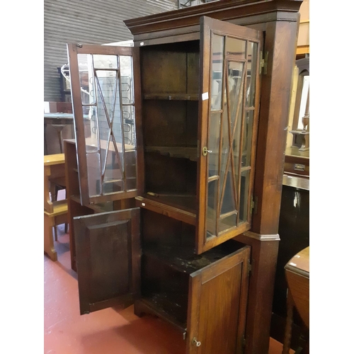 625 - Vintage Oak Glazed Top Corner Cabinet Display Over Double Cupboard - approx 73