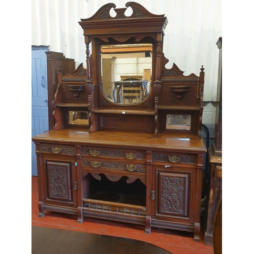 632 - Large Oak Heavily Carved Mirror Backed Sideboard with Multiple Shelved Top over Twin Cupboard and Fo... 