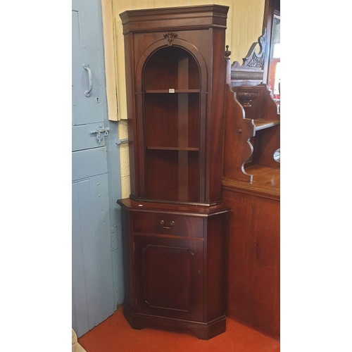 633 - Mahogany Corner Cabinet with Open Shelves over Single Cupboard & Prince of Wales Feathers Detail to ... 