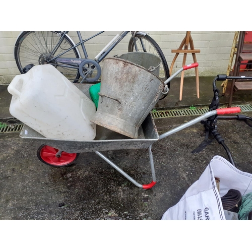 649 - Aluminium Wheelbarrow & Contents to Include Petrol Cannisters, Buckets etc.