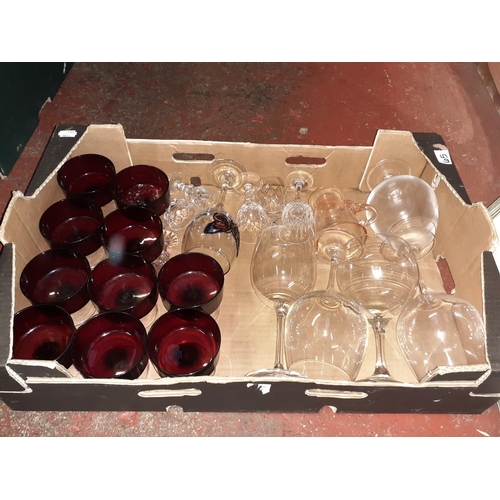 65 - Box of Glassware to Include Large Wine Glasses, Ruby Glass Fruit Bowls etc.