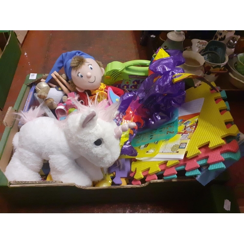 81 - Box of Assorted Children's Toys & Games Including Puzzle Mats, Plush Unicorn, Dolls, DVDs, Plush Toy... 