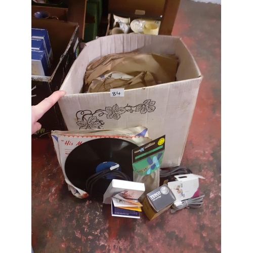 84 - Box of Gramophone Records, Ink Cartridges, Wires etc.