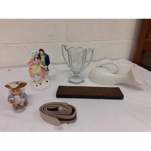 186 - Maw, Son & Sons Bed Pan, Wood & Brass Cribbage Board. Twin Handled Glass Vase, Toby Jug, Staffordshi... 