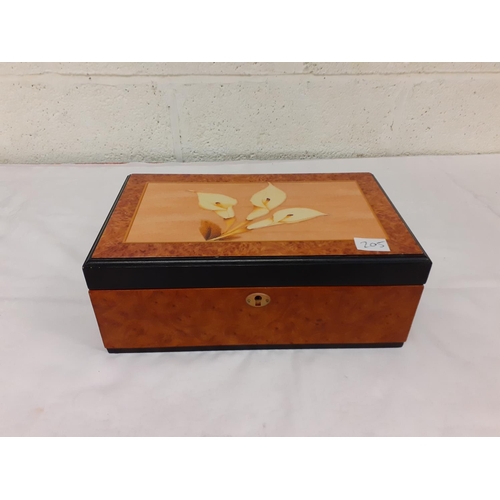 205 - Walnut Effect large Jewellery Box with Lilies on Hinge Lid.