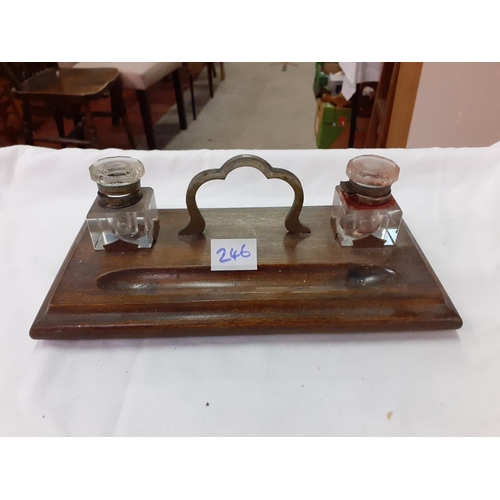 246 - Mahogany Pen Tray with Glass Inkwells.