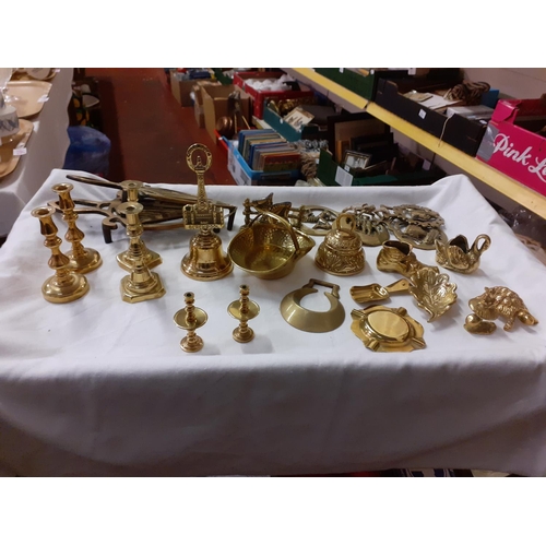 274 - Tray of Brass Ware to Include Trivet Stands, Candle Sticks etc.