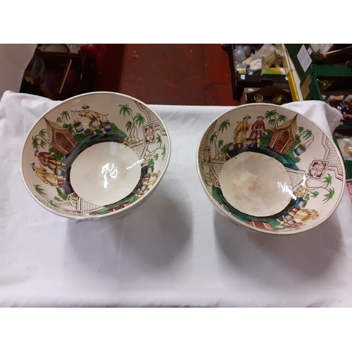 281 - Pair of Vintage Stemmed Oriental Bowls - 21cm diameter, 14cm tall - One has hairline to base of stem... 