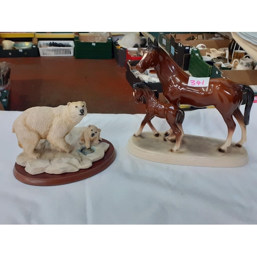 341 - Ceramic Bay Mare & Foal Figure along with Polar Bear Figure on Plinth.