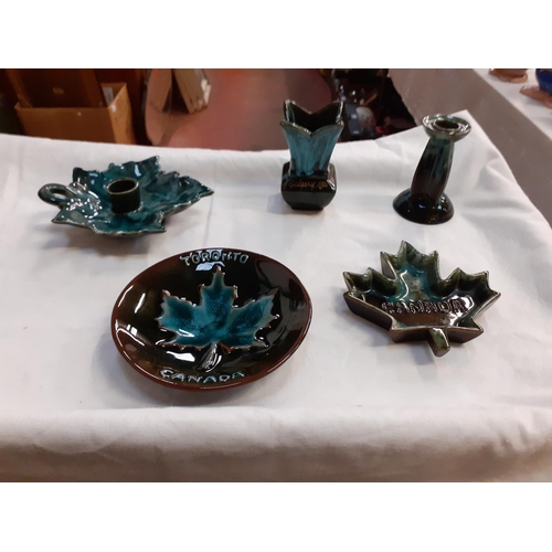 368 - Blue Mountain Pottery Green Drip Glaze Chamberstick, Vase, Candlestick & Two Dishes.