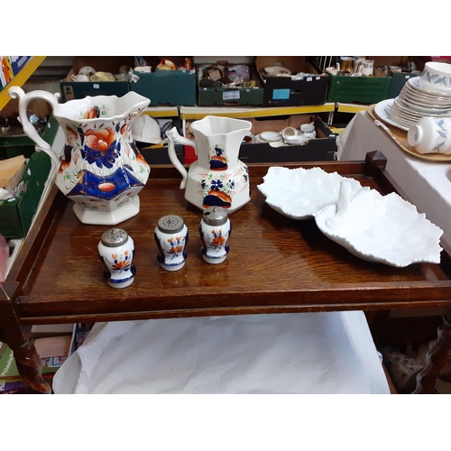 373 - Gaudy Welsh Swansea Jug & Another, Three Gaudy Condiments & White Worcester Dish.