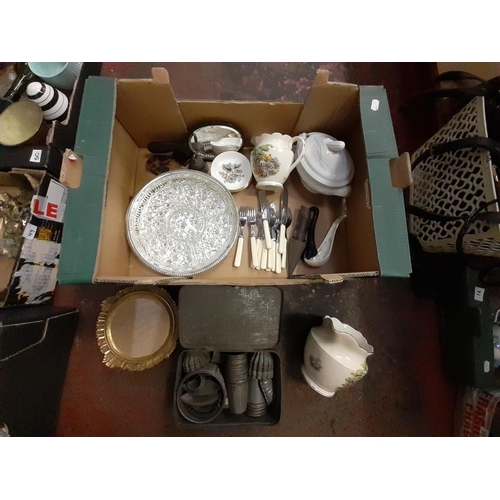 39 - Box to Include Vintage Baking Cases & Nozzles, Falcon Ware Jugs, Plated Tray, Cutlery.