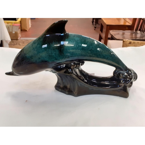 435 - Blue Mountain Pottery Green Drip Glaze Dolphin Length c.31cm (c.12”).