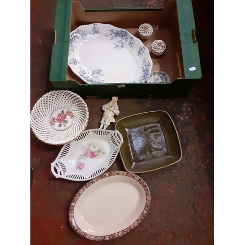 46 - Box to Include Meat Plate, Spanish Ribbon Bow & Pots, Continental Figure etc.