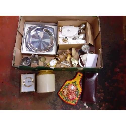 56 - Box to Include Brass & Plated Ware, Mantel Clocks, Stoneware Jar etc.