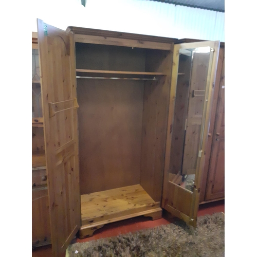 Solid Pine Ducal Double Wardrobe with Mirrored Inner Door, Rail & Shelf.