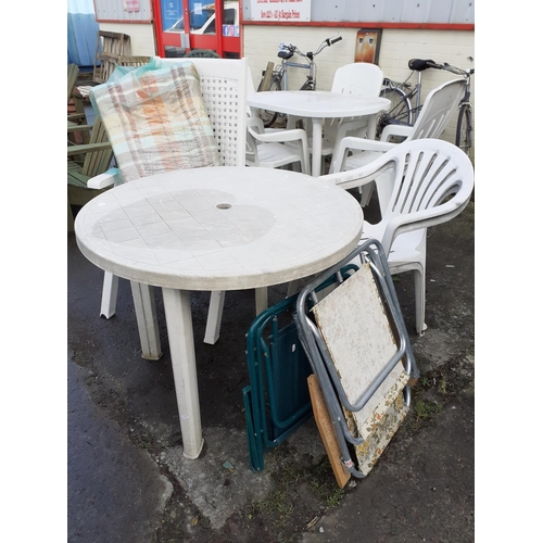 666 - Circular White Patio Table with Two White Chairs & Other Garden Chair with Cushions.