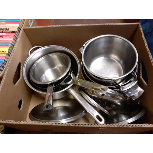 10 - Box of Kitchen Accessories to Include Saucepans, Pots & Cutlery.