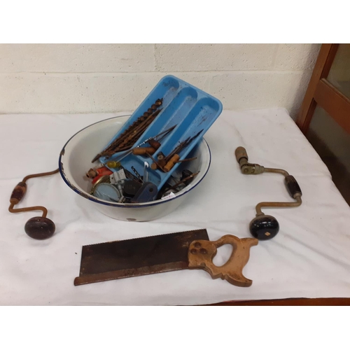 110 - Large Enamelled Bowl & Selection of Tools & Hardware.