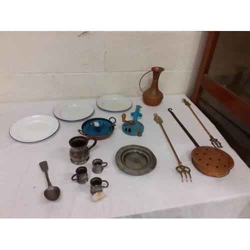 14 - Quantity of Copper & Pewter Ware, Enamel Dish etc.