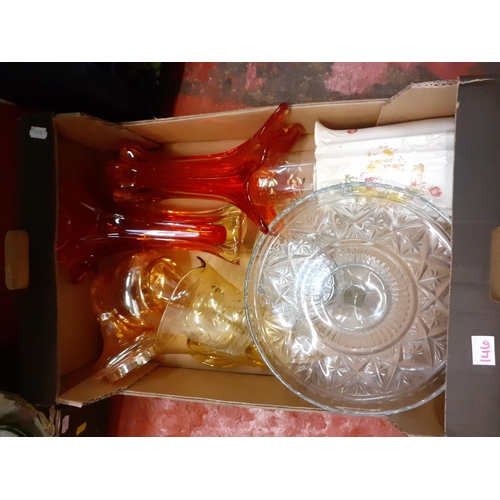 146 - Box to Include Pair of Red Glass Vases, Jugs, Cake Stand etc.