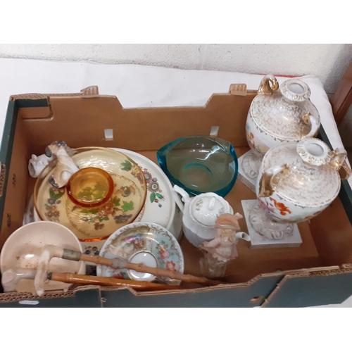 156 - Box to Include Glassware, Figures, Plates, Bowls, Teapot & Two Small Cane Sticks with Carved Handles... 