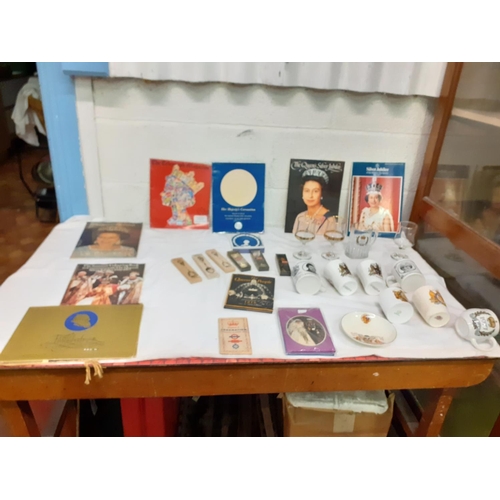 160 - Box of Commemorative Ware Including Stamps, Books, Spoons, Mugs, Glasses etc.