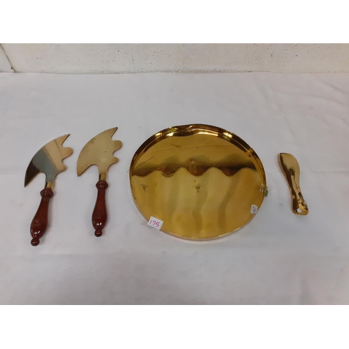 175 - Brass Circular Tray with Two Brass Ornamental Hatchets and Brass Shoe Horn.