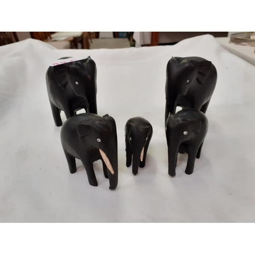 230 - Set of Five Graduated Ebony Elephants - some tusks missing.