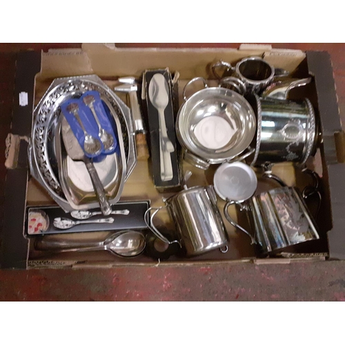 31 - Box of Plated Ware & Stainless Table Ware to Include Teapots, Jugs etc.