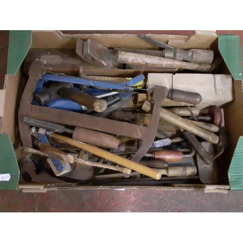 32 - Box of Tools & Hardware to Include Chisels, Hammers, Hand Drills etc.