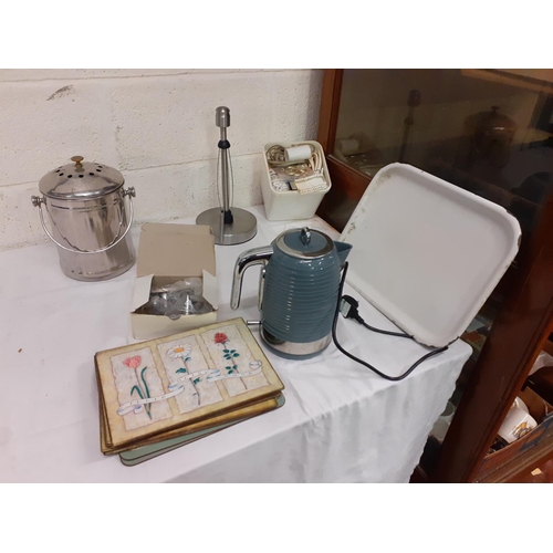 47 - Box of Kitchen Accessories Including Kettle, Ice Bucket, Curtain Fixings, New Door Handles etc.