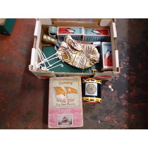 53 - Box to Include Scrabble Set, Boxed 'Cunard - White Star' Jigsaw, Vintage Light Bulbs etc.