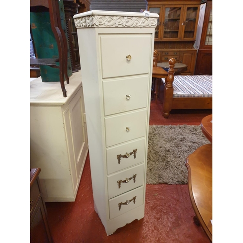 556 - Six Drawer Narrow, Painted White Chest of Drawers - 143cm tall x 35cm wide x 29cm deep.