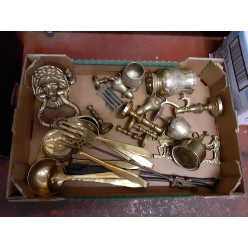 8 - Box of Brassware to Include Lion Door Knocker, Candle Sticks etc.