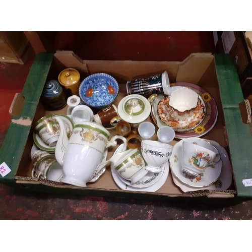 82 - Box of China to Include Royal Albert Cake Plate, Portmeirion Mug, Japanese Part Tea Set etc.