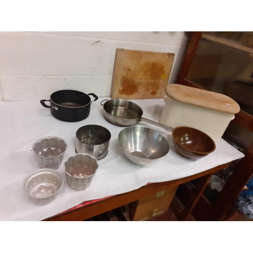 84 - Bag of Assorted Kitchen Accessories to Include Bread Bin, Pans & Wooden Chopping Boards.