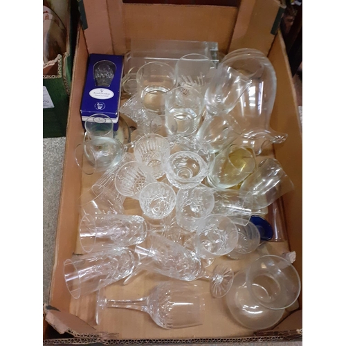 94 - Box of Glassware to Include Wine Glasses, Vases, Boxed Royal Doulton  Teardrop Bottle Stopper etc.