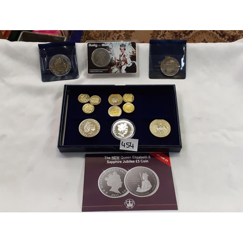 454 - Four £5 Commemorative Coins along with Other Crowns & Coins.