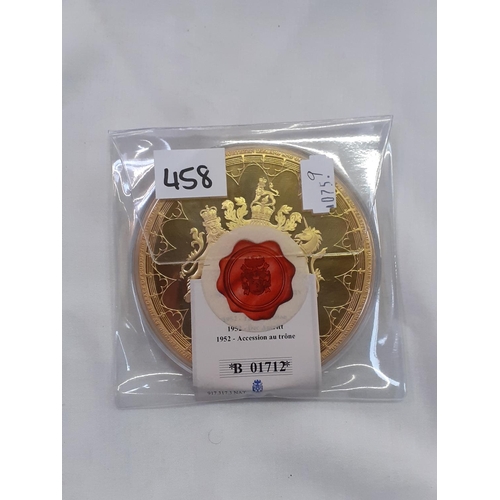 458 - Unopened, Gold Plated Proof 100mm 'Accession of HM Queen Elizabeth II 1952' Coin 2016 with Certifica... 