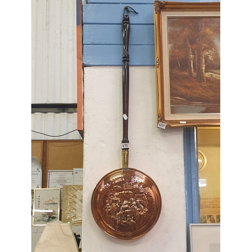 472 - Long Wooden Handled Copper Bed Warmer.