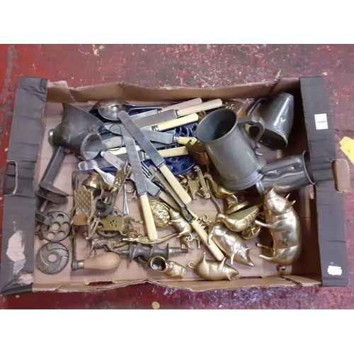 1 - Box to Include Vintage Mincer, Assorted Cutlery, Trivet Stand & Brass Ornaments Including Pig Family... 